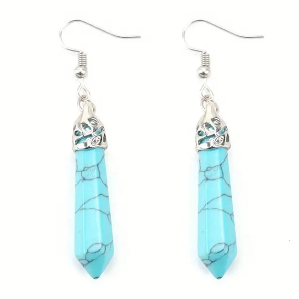 Hexagon Point Blue Howlite Natural Stone Dangle Earrings - Picture 2 of 2